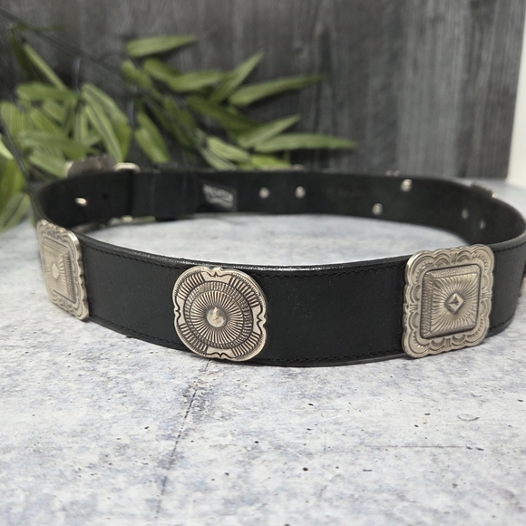 Vintage Brighton 1992 Western Black Concho Leather Belt Silver Buckle Medallions main image 6